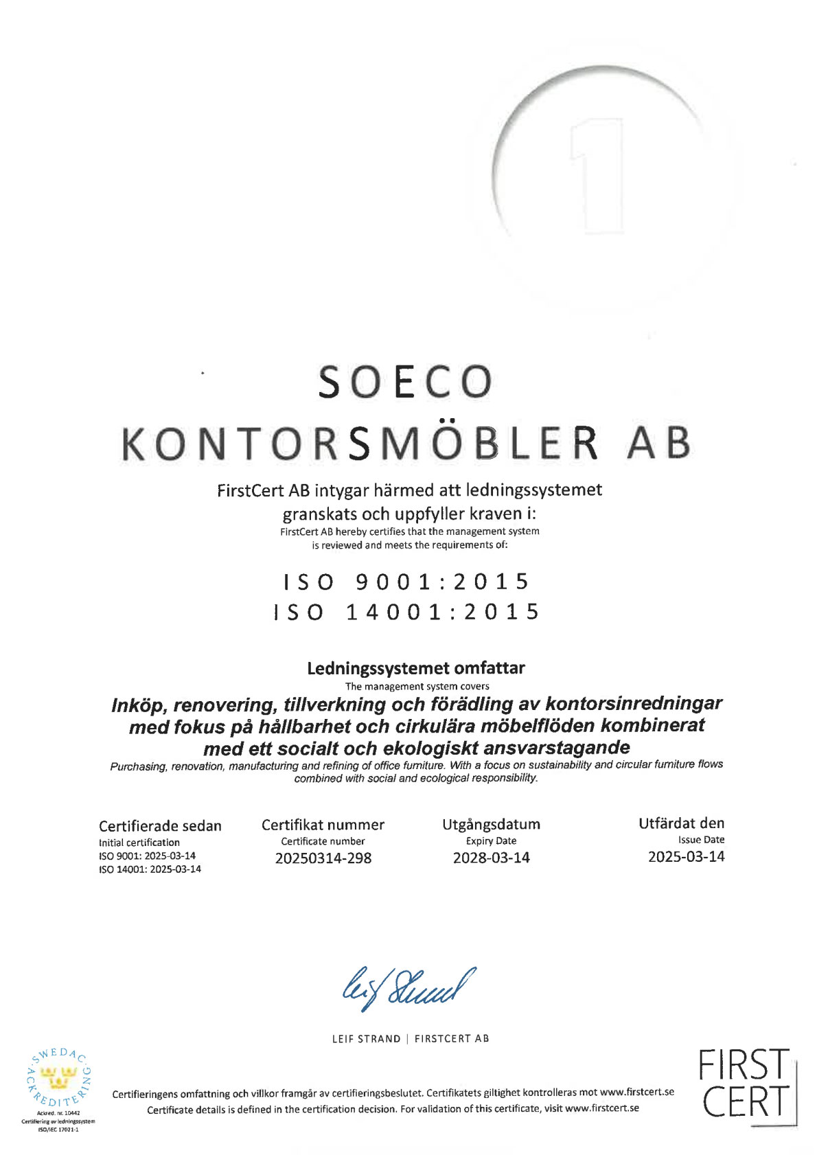 Soeco Kontorsmöbler AB ISO Certification